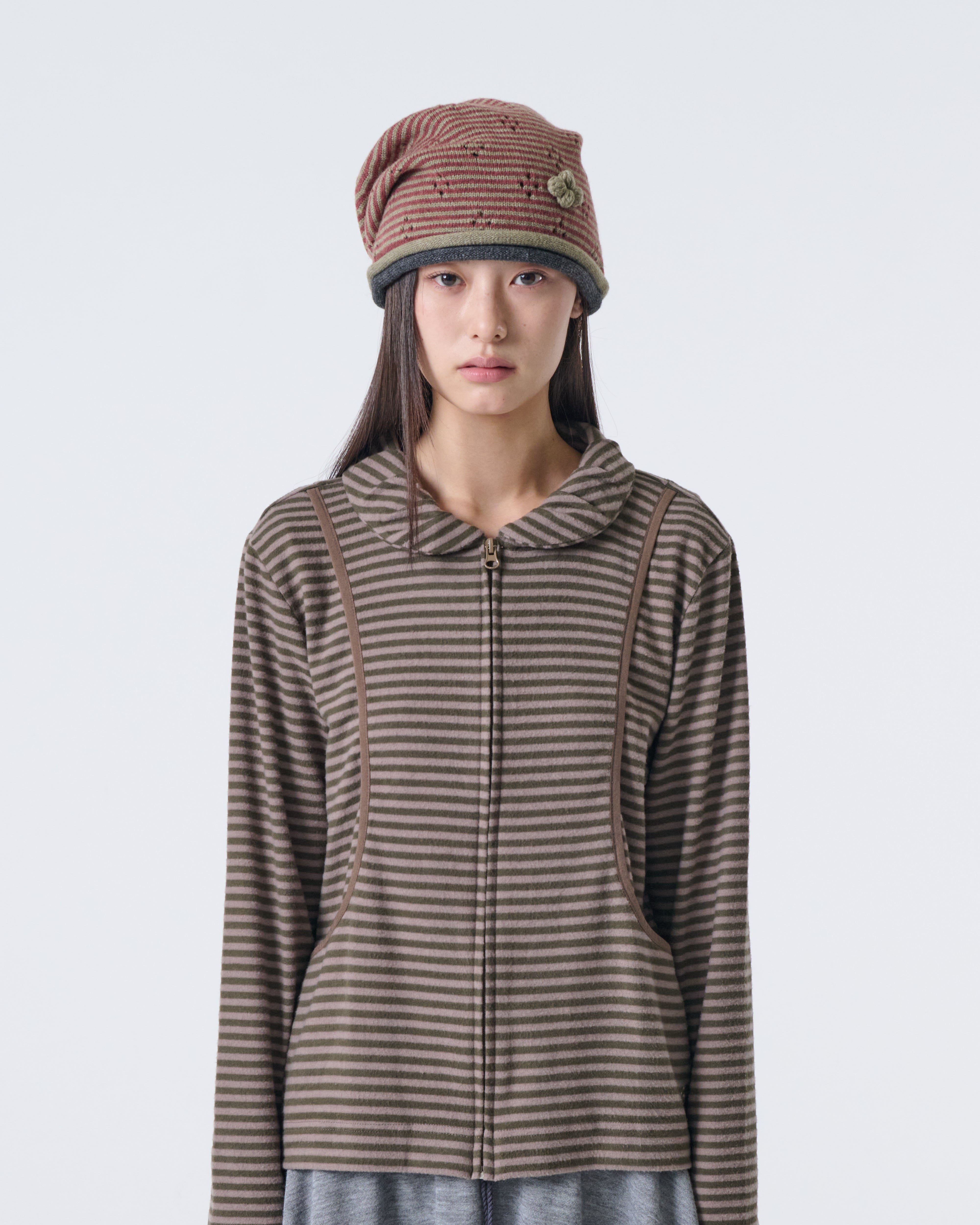 SHAWL COLLAR STRIPE ZIP-UP [KHAKI]