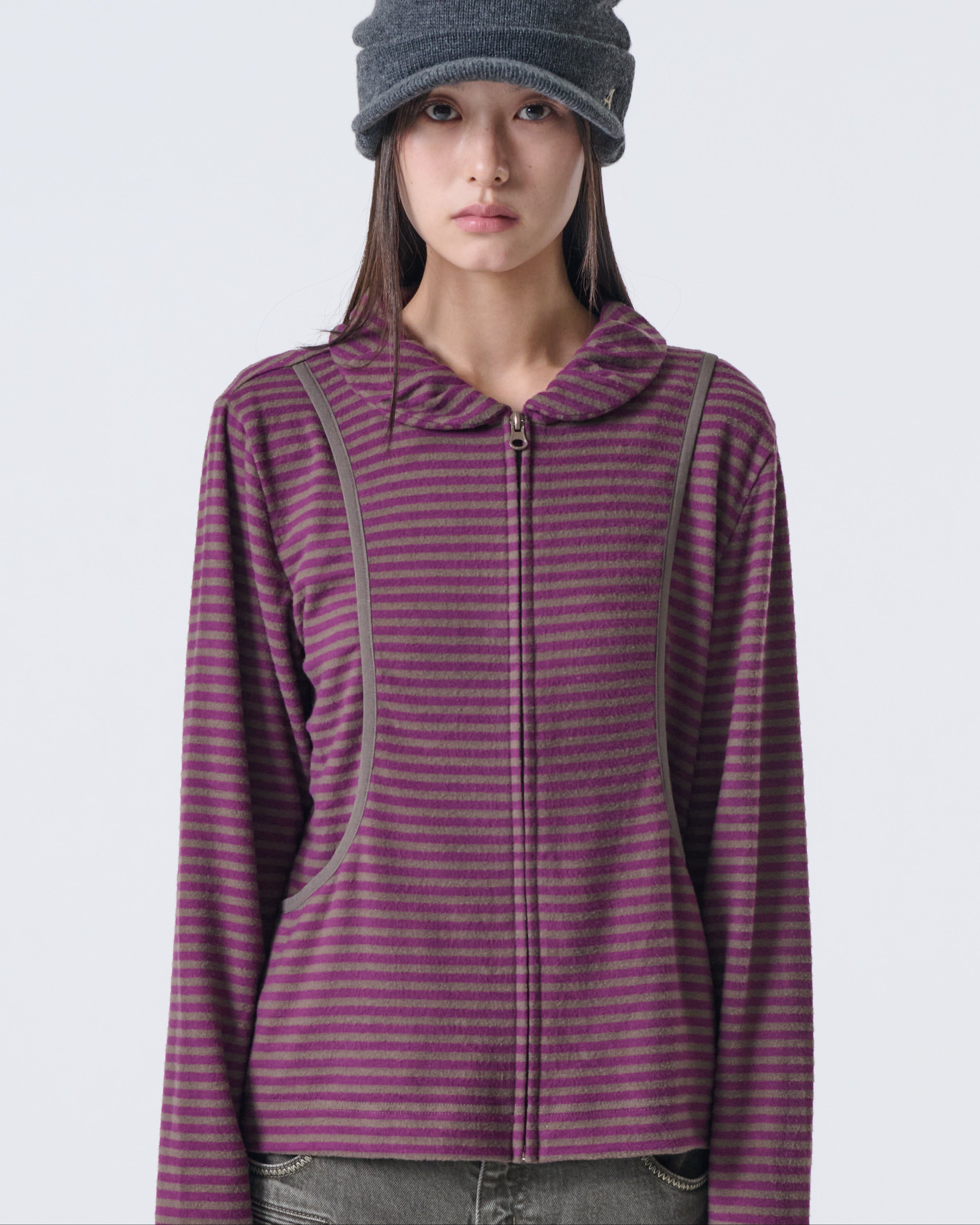 SHAWL COLLAR STRIPE ZIP-UP [PURPLE]