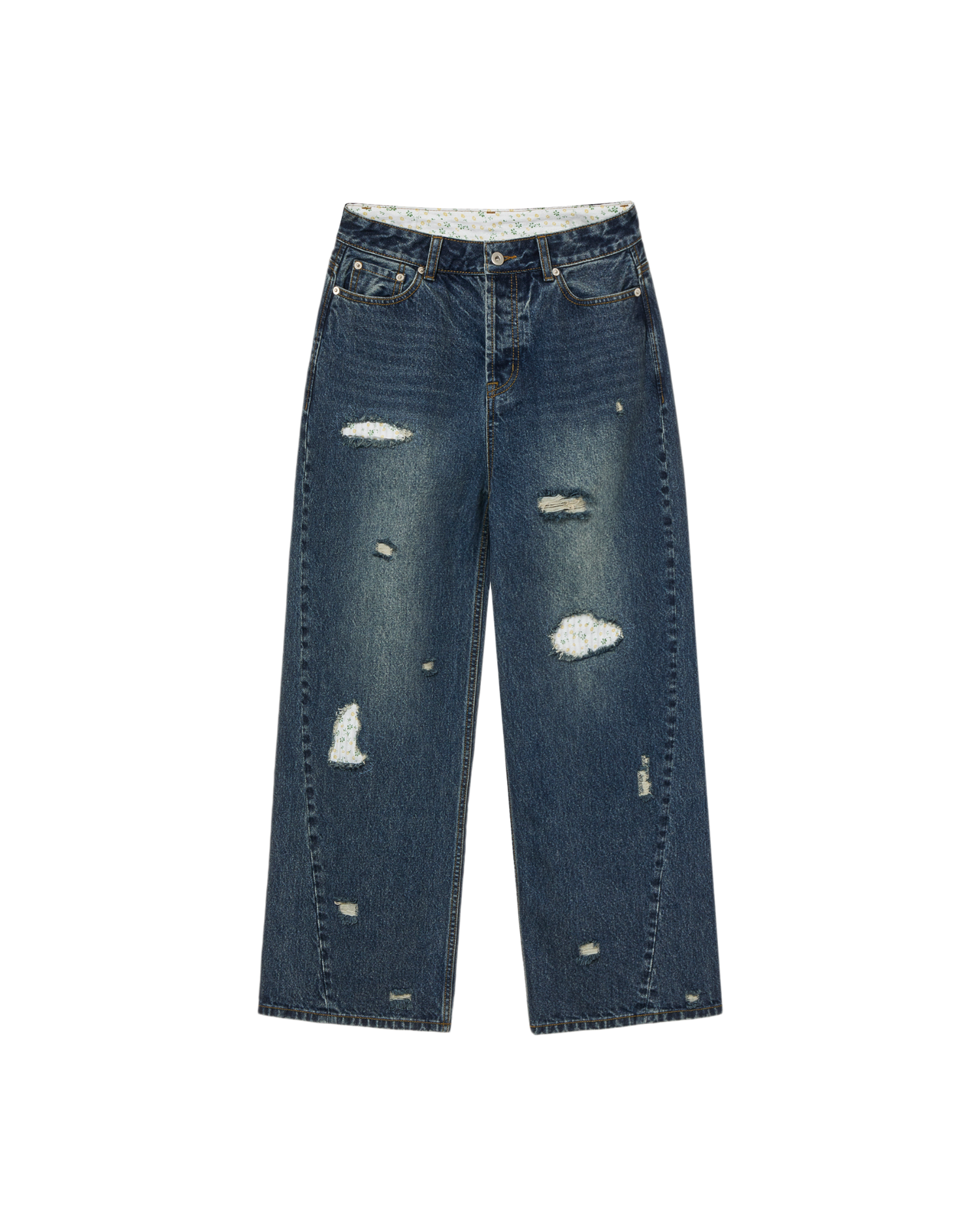 FLOWER PATCHWORK DENIM PANTS [DUSTY BLUE]