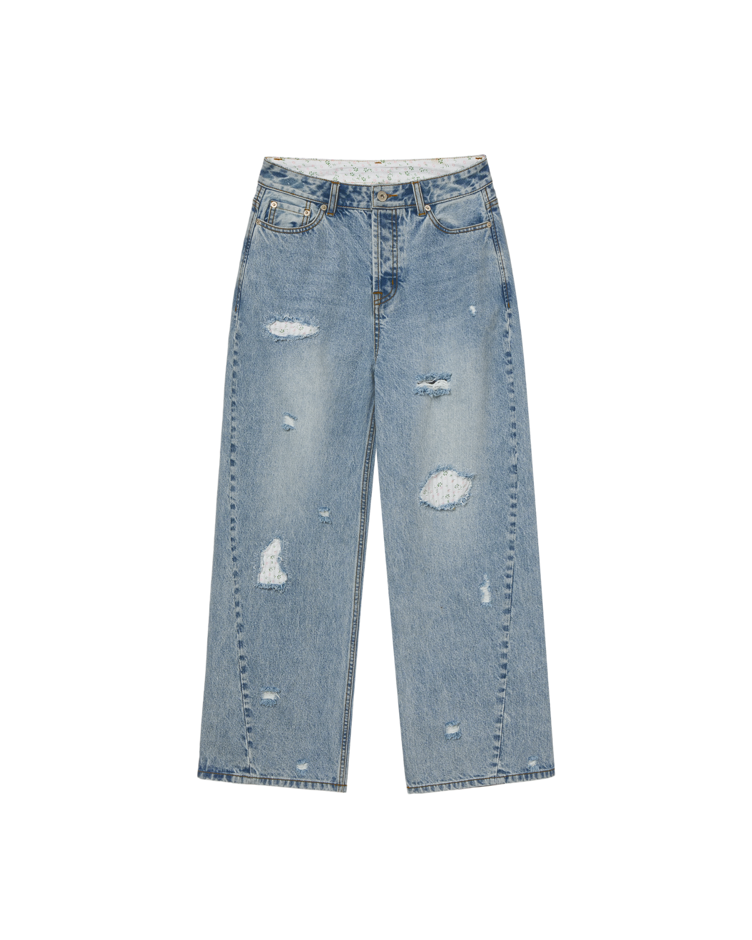 FLOWER PATCHWORK DENIM PANTS [LIGHT BLUE]
