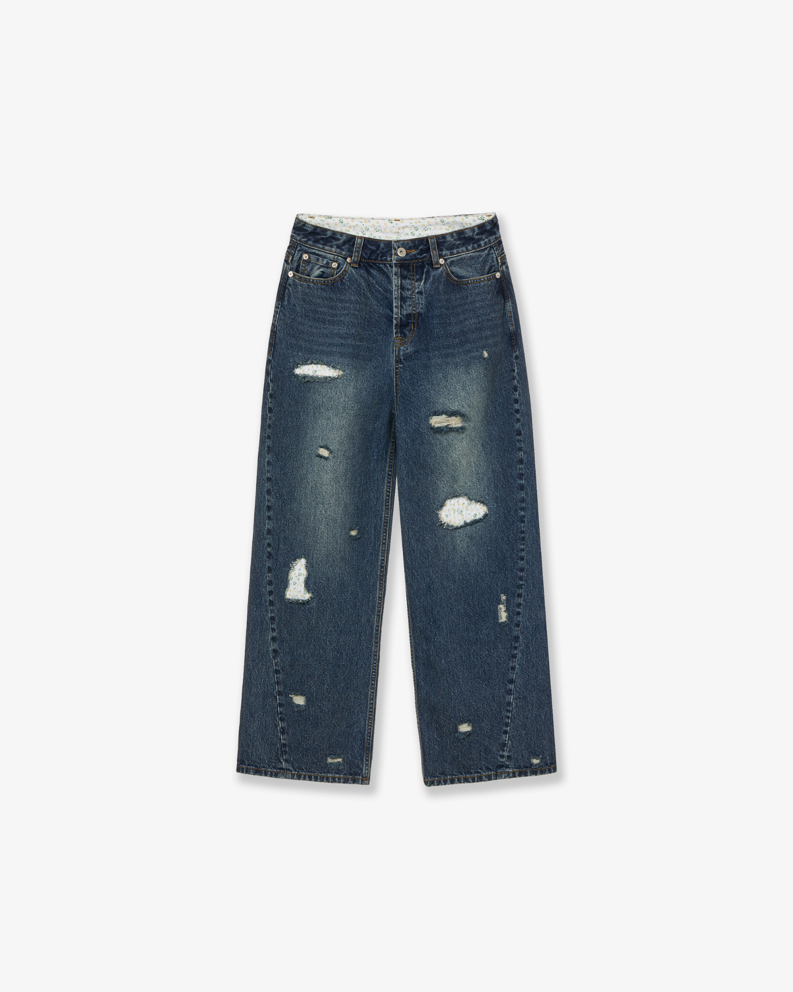 FLOWER PATCHWORK DENIM PANTS [DUSTY BLUE]