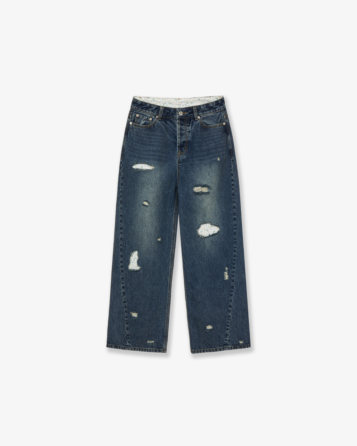 FLOWER PATCHWORK DENIM PANTS [DUSTY BLUE]