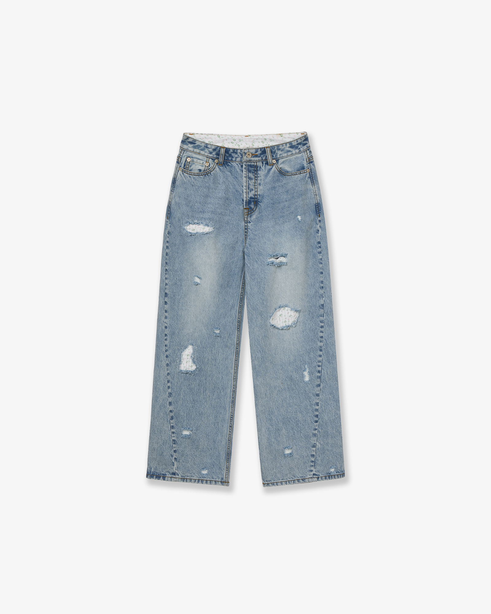 FLOWER PATCHWORK DENIM PANTS [LIGHT BLUE]