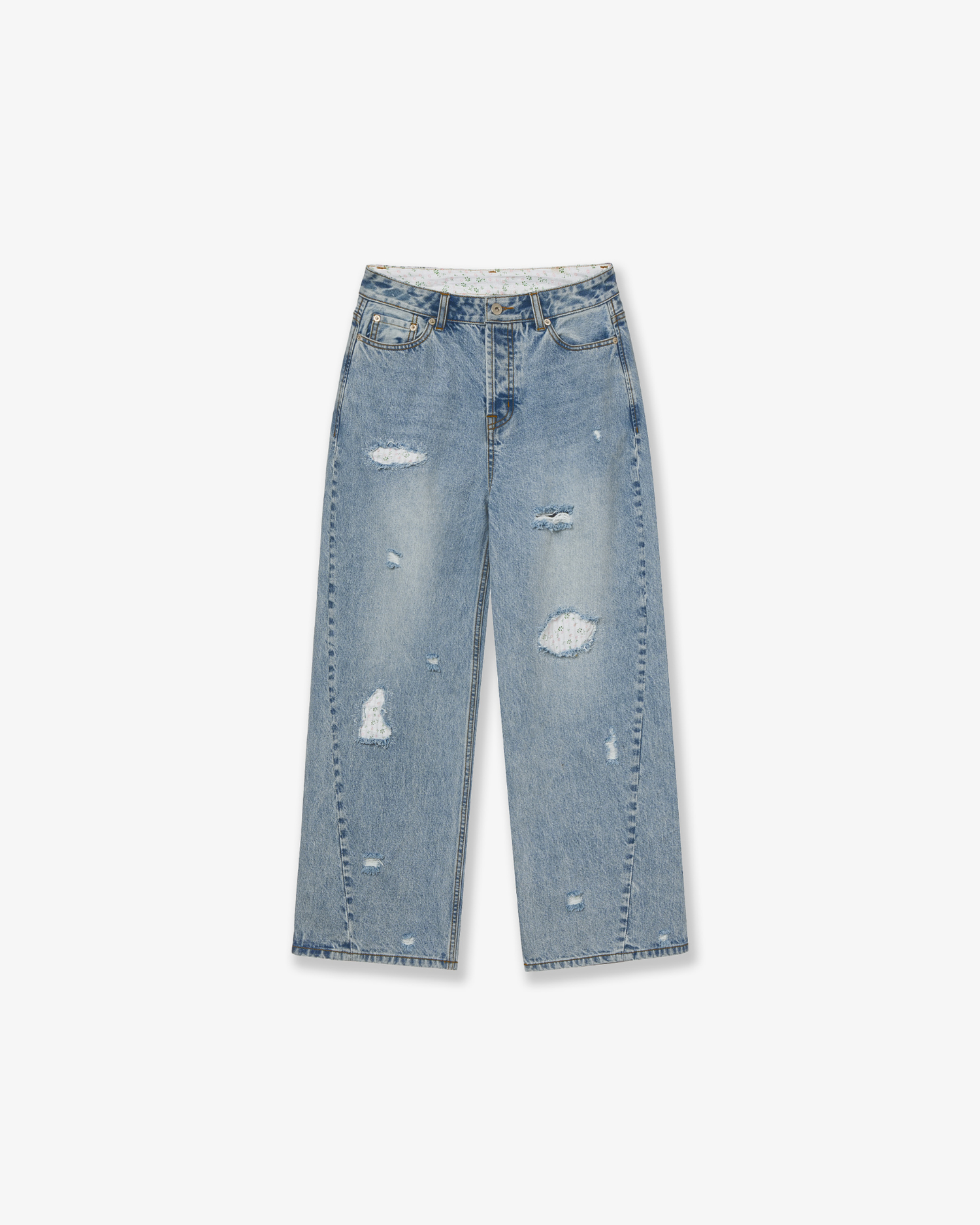 FLOWER PATCHWORK DENIM PANTS [LIGHT BLUE]