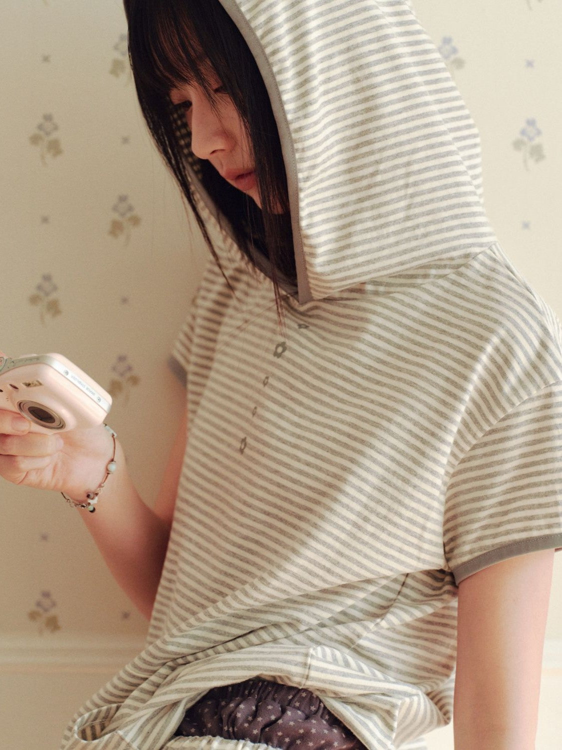 STRIPE HALF SLEEVE HOODIE [GREY]
