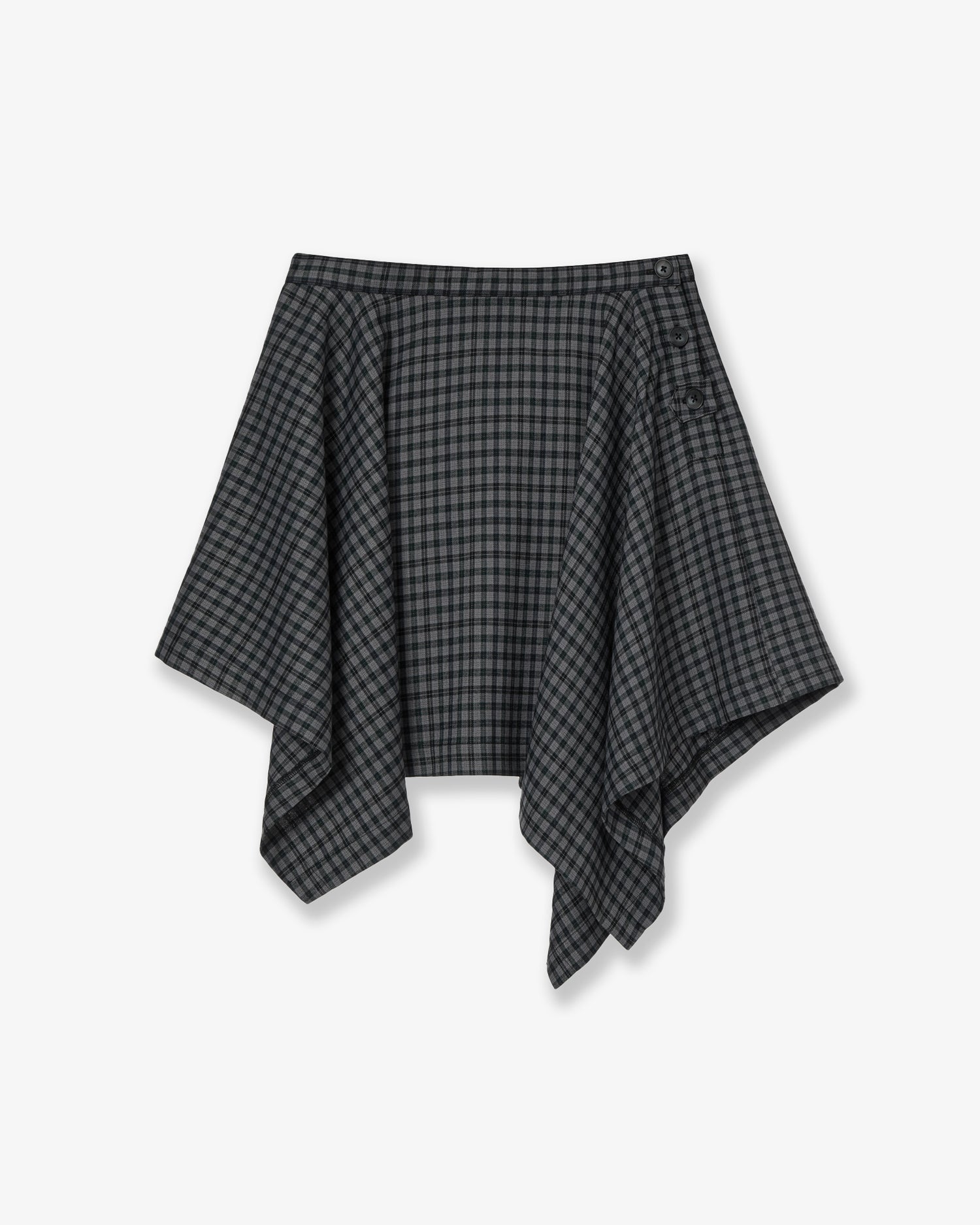 【10月上旬お届けアイテム】ASYMMETRIC DRAPE CHECK SKIRT [BLACK]