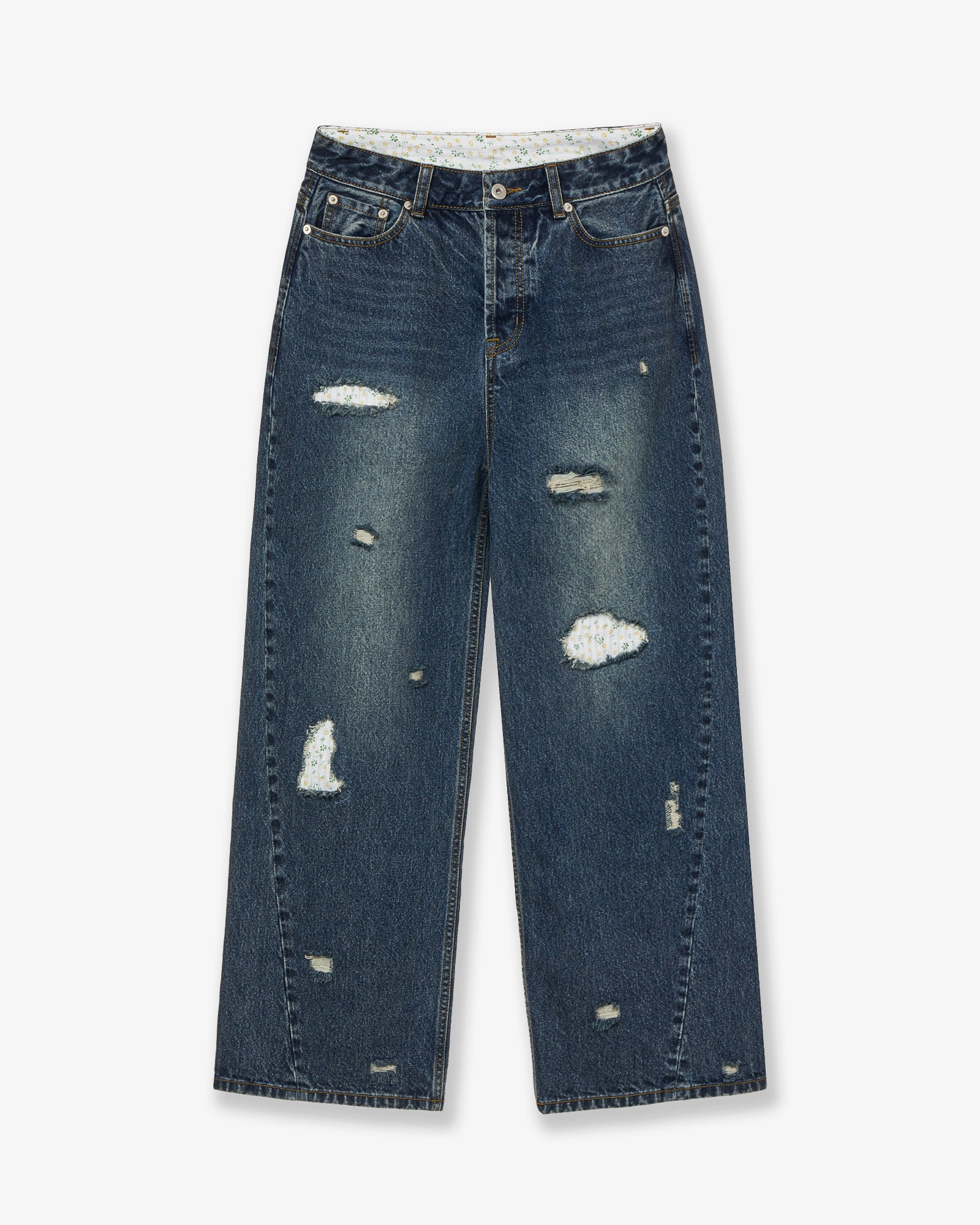 FLOWER PATCHWORK DENIM PANTS [DUSTY BLUE]