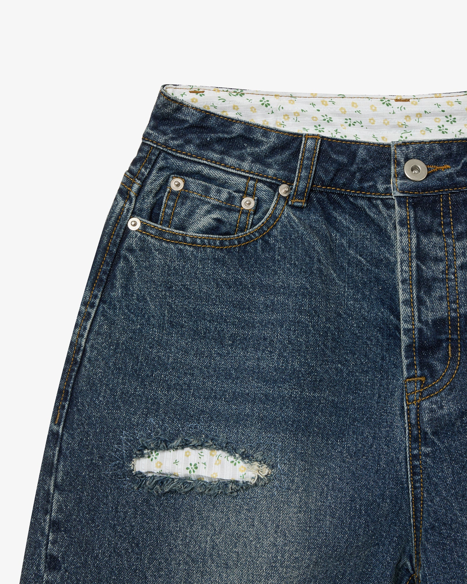 FLOWER PATCHWORK DENIM PANTS [DUSTY BLUE]