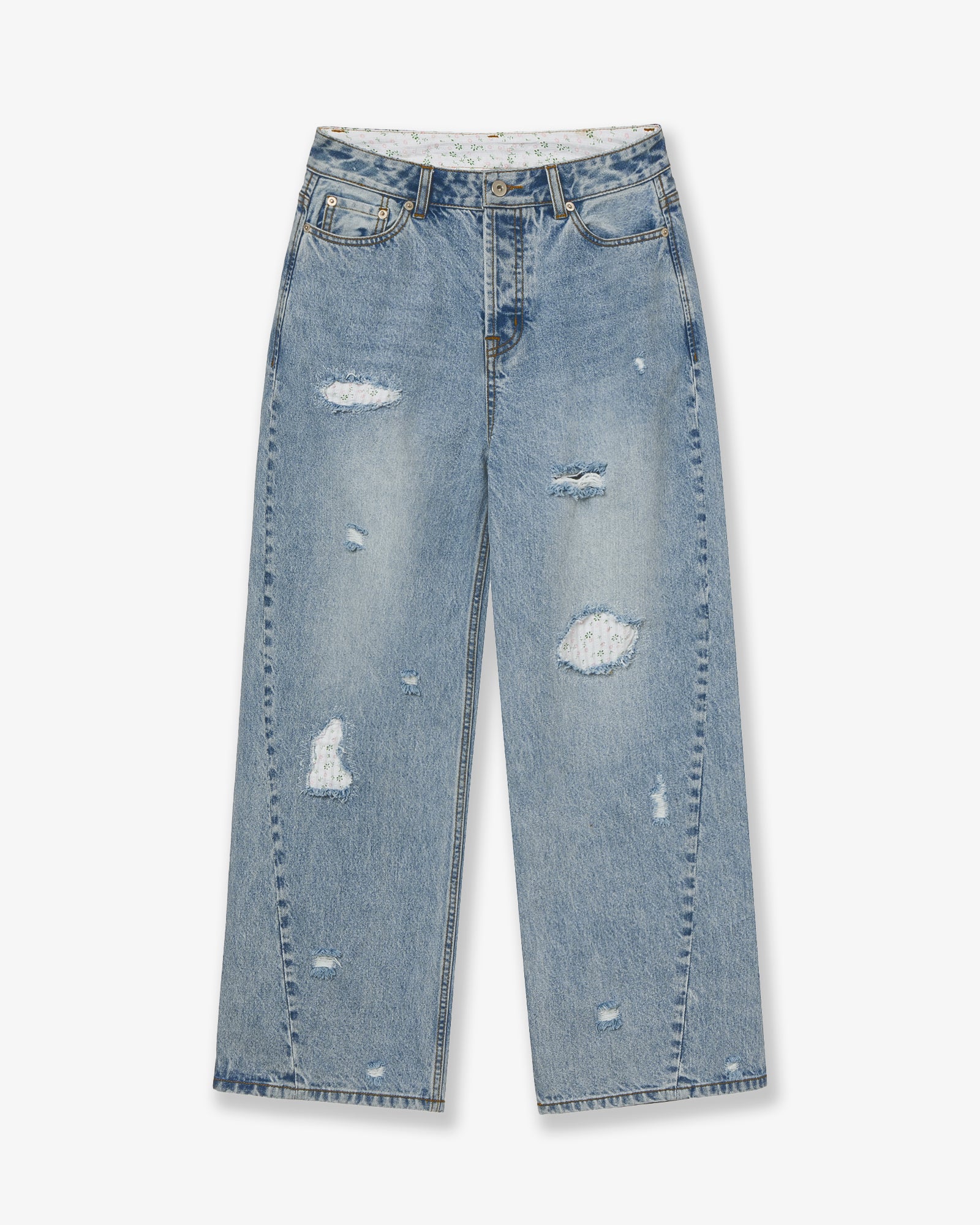 FLOWER PATCHWORK DENIM PANTS [LIGHT BLUE]