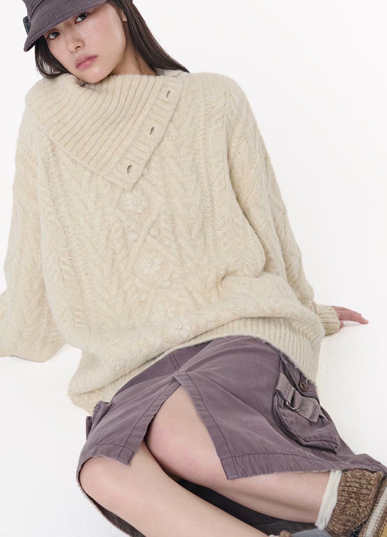 HIGH NECK CABLE KNIT [IVORY]