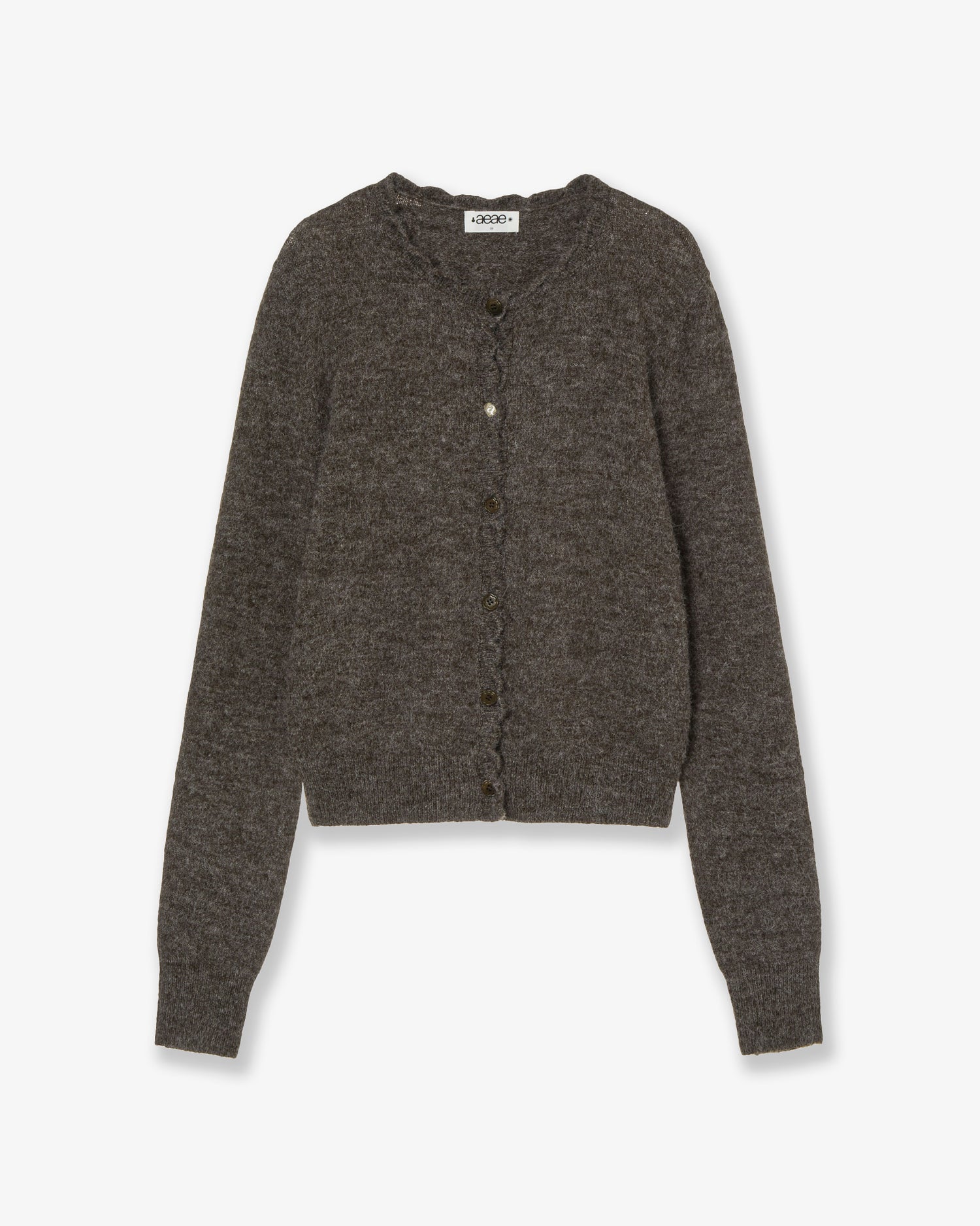 【10月上旬お届けアイテム】SCALLOP ROUND NECK CARDIGAN [DARK BROWN]