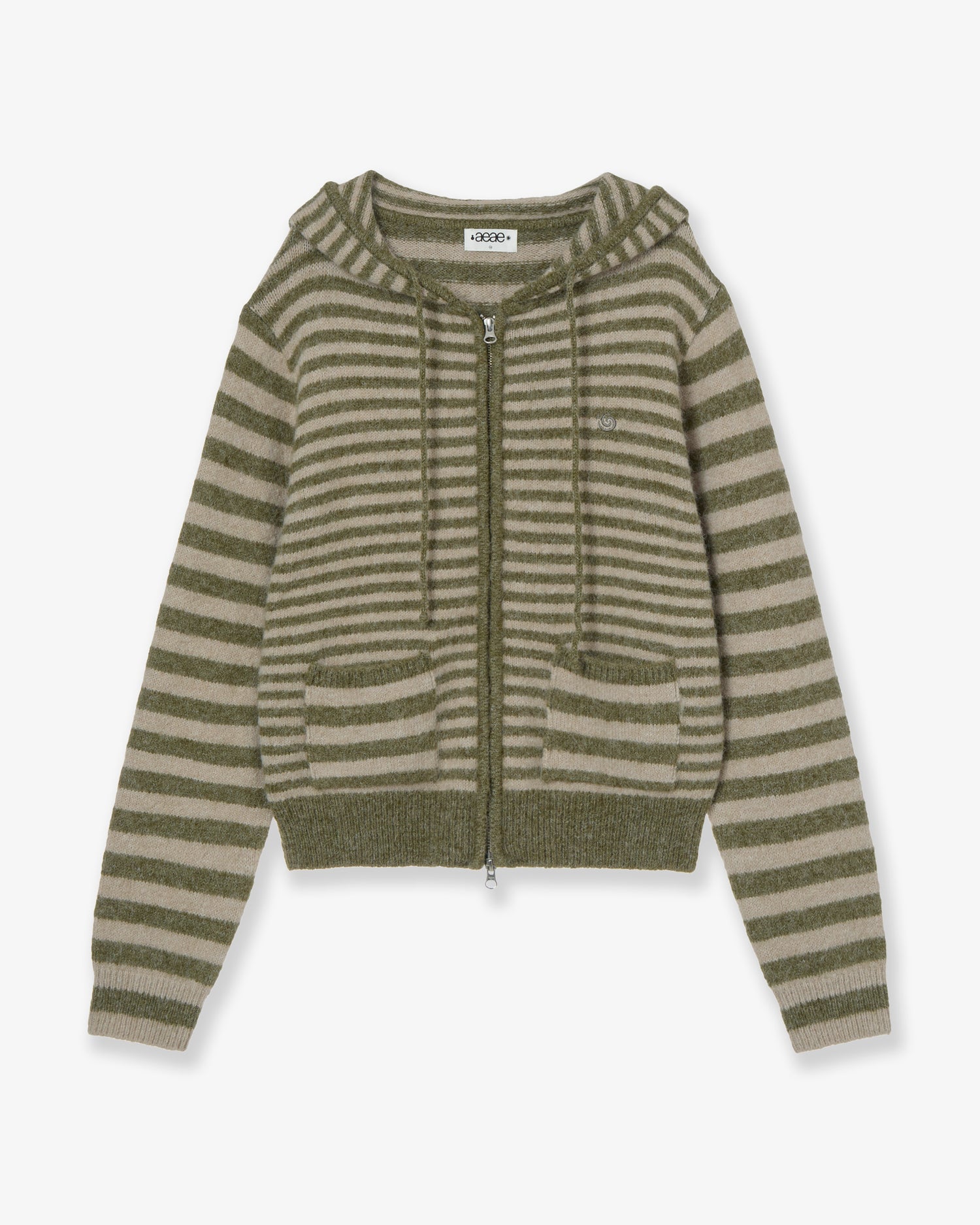 STRIPE HOOD KNIT ZIP UP [KHAKI]